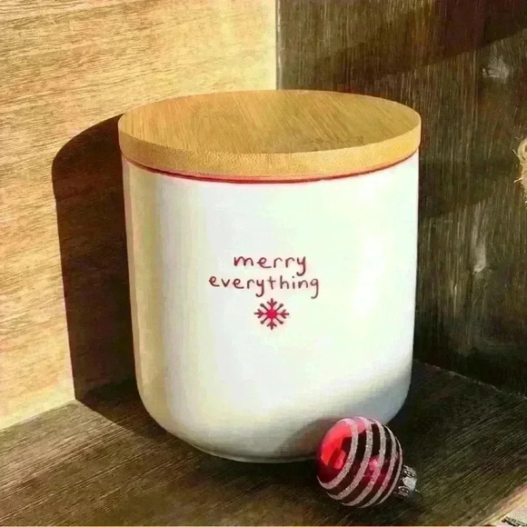 NEW BEAUTIFUL Medium Size MERRY EVERYTHING Ceramic Canister with wood lid - Picture 1 of 5